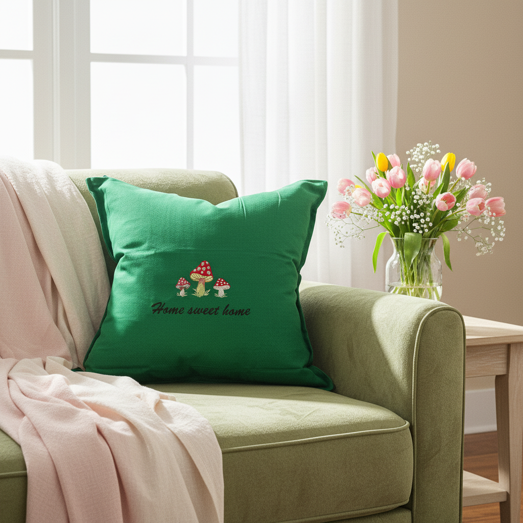 Embroidered "Home Sweet Home" Mushrooms Pillow