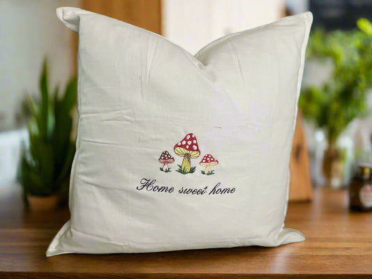 Embroidered "Home Sweet Home" Mushroom White Pillow