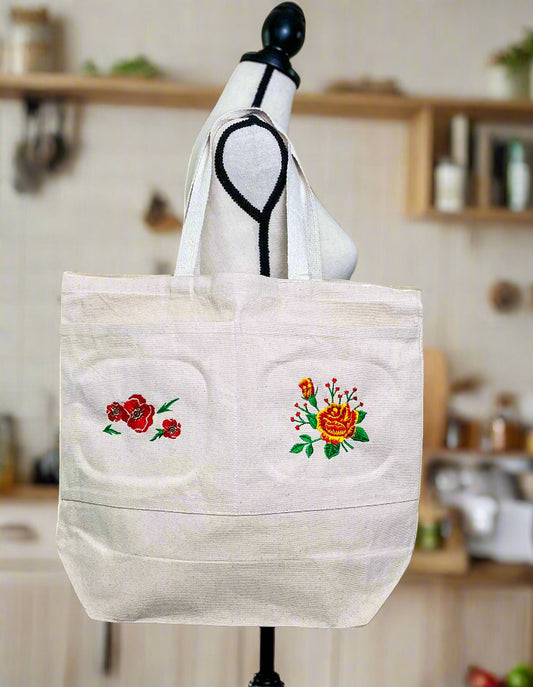 Embroidered Flowers Large Tote Bag with Two Pockets