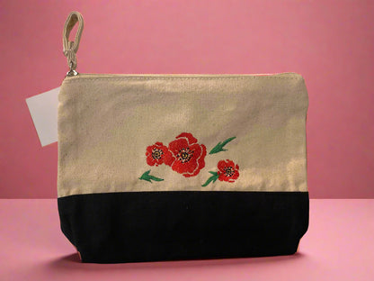 Embroidered Flowers Black/Natural Canvas Zipper Pouch