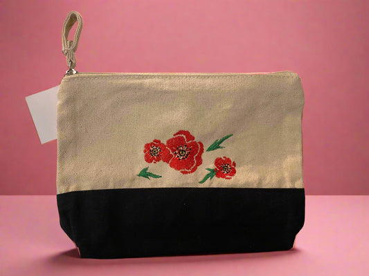Embroidered Flowers Black/Natural Canvas Zipper Pouch