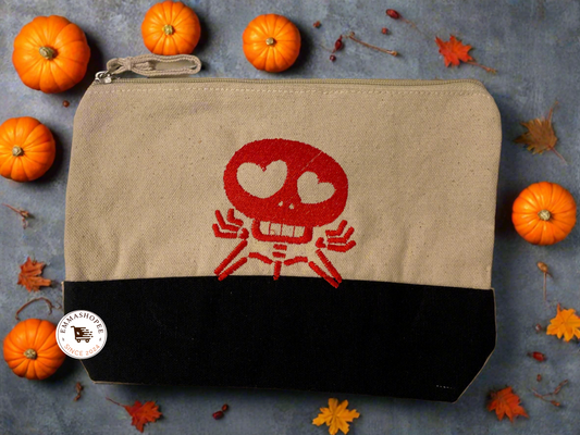 Embroidered "Skully in Love" Canvas Zipper Pouch