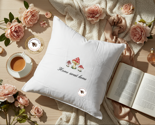 Embroidered "Home Sweet Home" Mushroom White Pillow