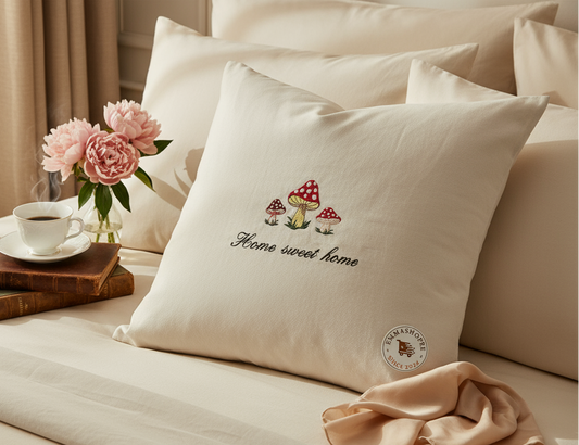 Embroidered "Home Sweet Home" Mushroom White Pillow