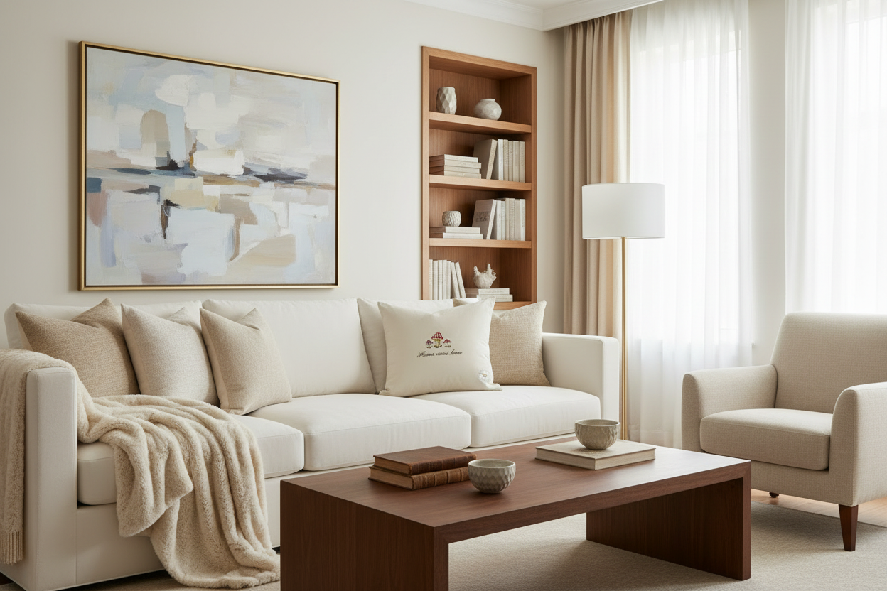 Embroidered "Home Sweet Home" Mushroom White Pillow