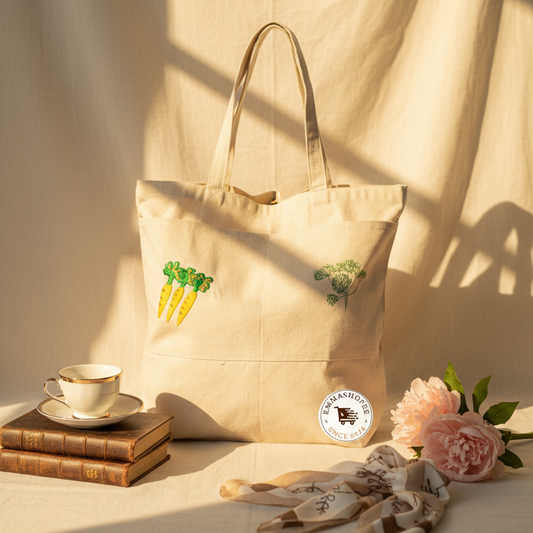 Embroidery "Carrot and Dill" Large Canvas Tote Bag with Two Front Pockets