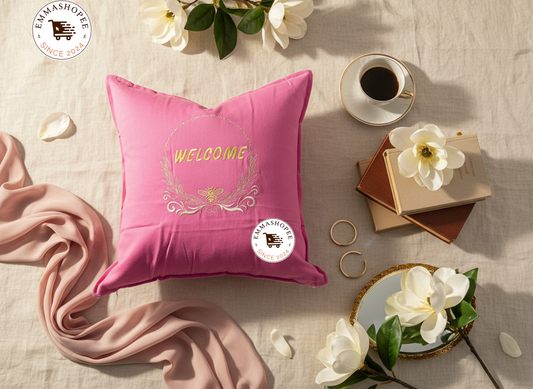 "Bee Welcome" Embroidered Pink Pillow