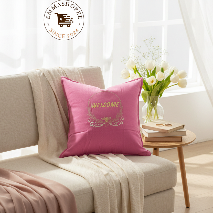 "Bee Welcome" Embroidered Pink Pillow