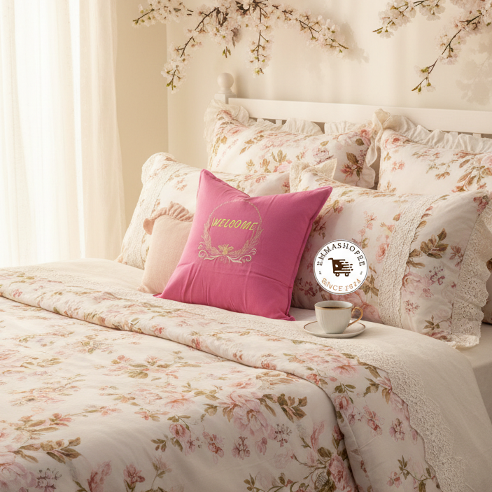 "Bee Welcome" Embroidered Pink Pillow
