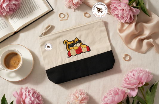 Embroidered "Garfield at the Beach" Black/Neutral Canvas Zipper Pouch