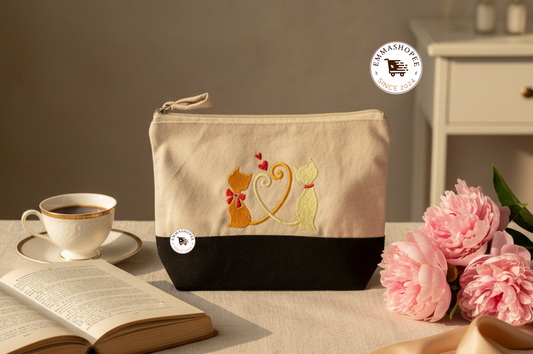 Embroidered "Bonded Pair" Black/Neutral Canvas Zipper Pouch