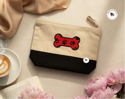 Embroidered "Red Bone Animal Paw Prints" Canvas Zipper Pouch