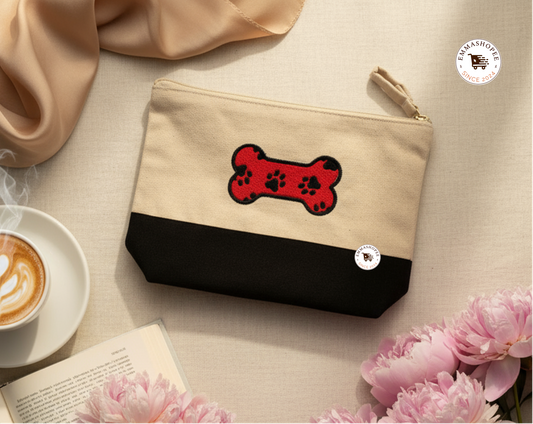 Embroidered "Red Bone Animal Paw Prints" Canvas Zipper Pouch