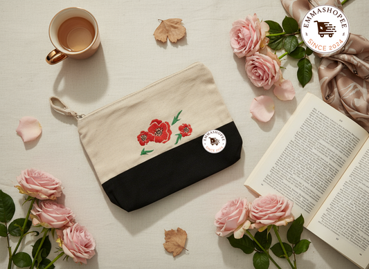 Embroidered Flowers Black/Natural Canvas Zipper Pouch