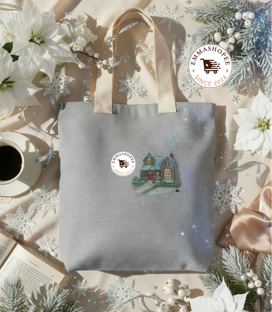 “Whispers of winter night” Mix Media of Embroidery and Hand Painted 100% Recycled Cotton Canvas Tote Bag