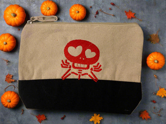 Embroidered "Skully in Love" Canvas Zipper Pouch
