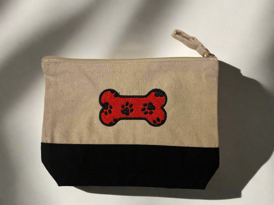 Embroidered "Red Bone Animal Paw Prints" Canvas Zipper Pouch