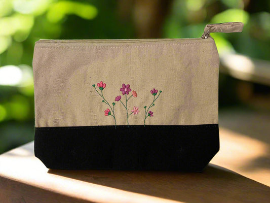 Embroidered "Flowers and Bee" Canvas Zipper Pouch