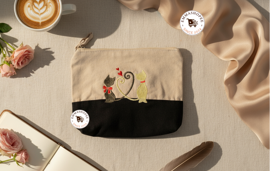 Embroidered "Bonded Pair" Black/Neutral Canvas Pouch