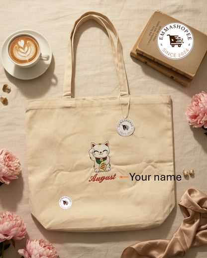 Personalized Embroidery “My Lucky Cat” 100% Cotton Canvas Tote Bag