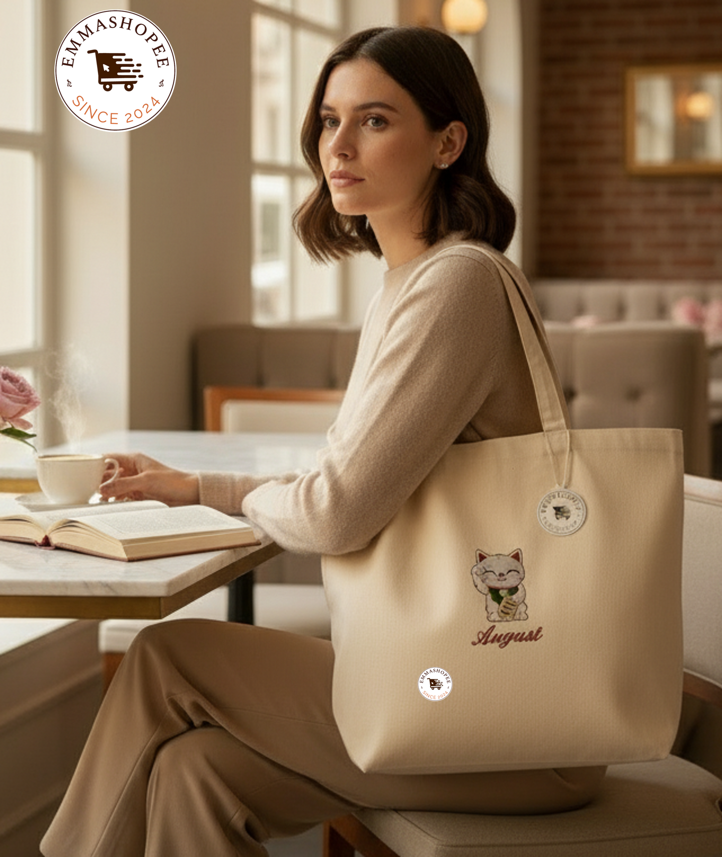 Personalized Embroidery “My Lucky Cat” 100% Cotton Canvas Tote Bag