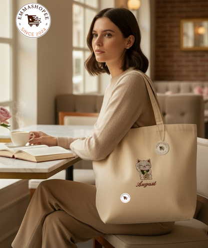 Personalized Embroidery “My Lucky Cat” 100% Cotton Canvas Tote Bag