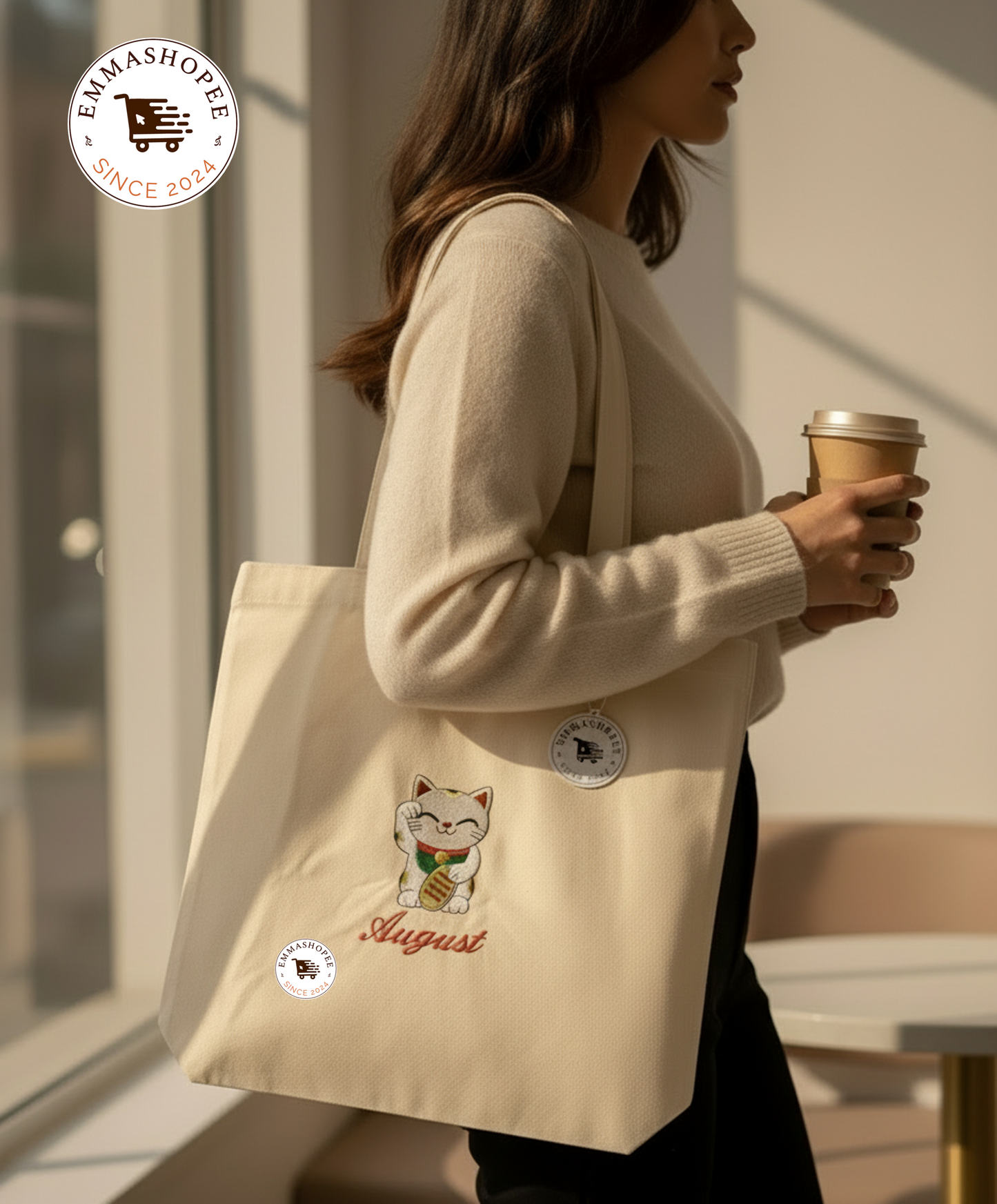 Personalized Embroidery “My Lucky Cat” 100% Cotton Canvas Tote Bag