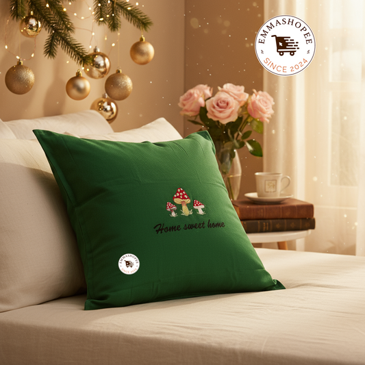 Embroidered "Home Sweet Home" Mushrooms Pillow