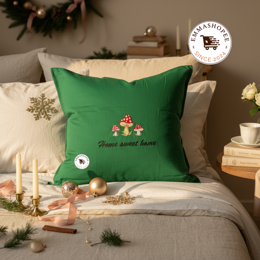 Embroidered "Home Sweet Home" Mushrooms Pillow