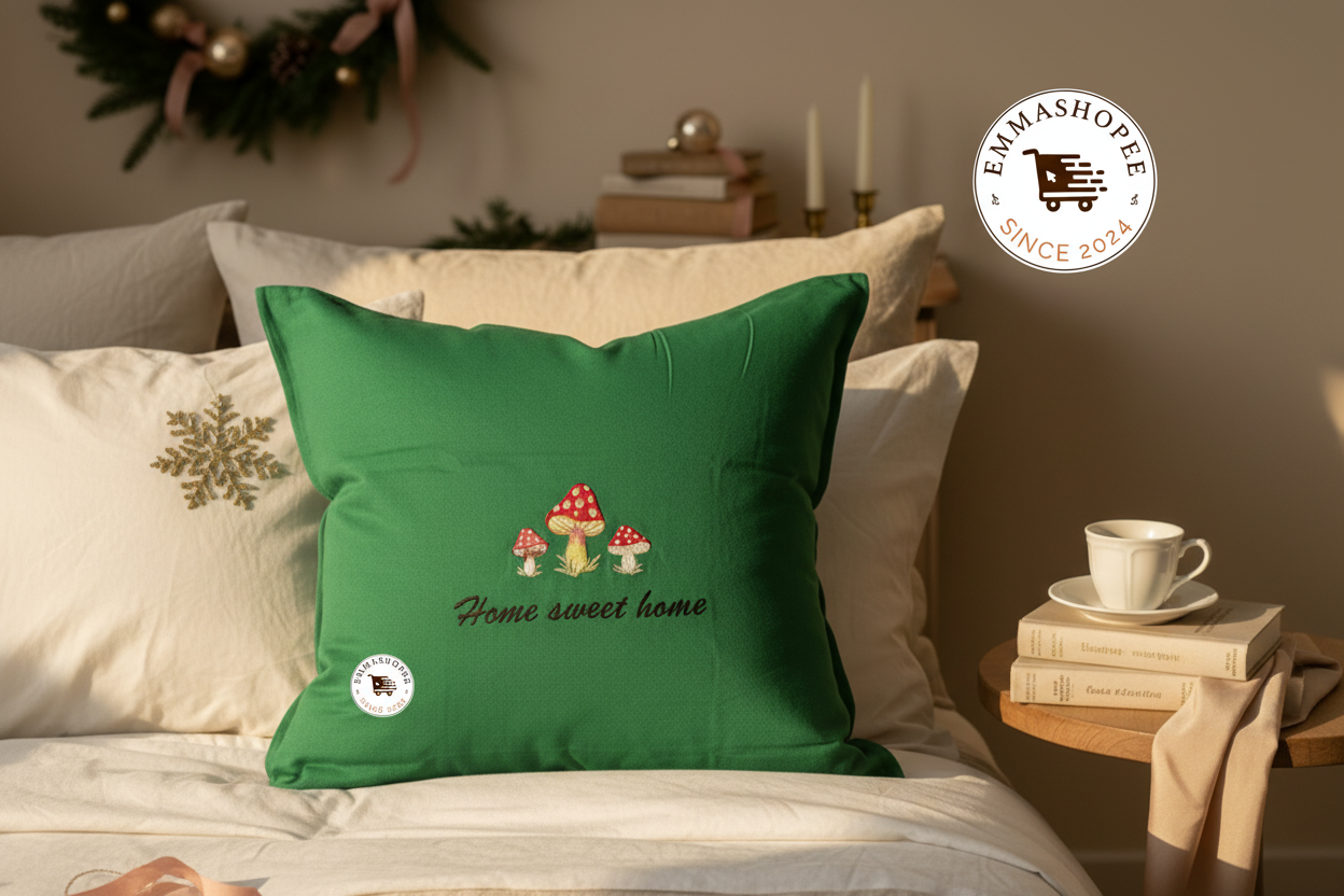 Embroidered "Home Sweet Home" Mushrooms Pillow