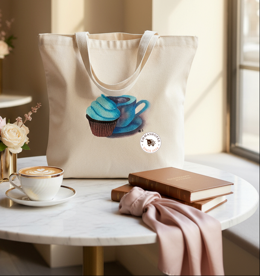 Mix media "Cupcake & Coffee" embroidery and hand-painting canvas tote bag