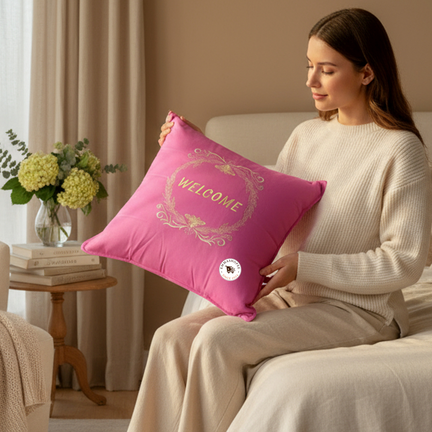 "Bee Welcome" Embroidered Pink Pillow