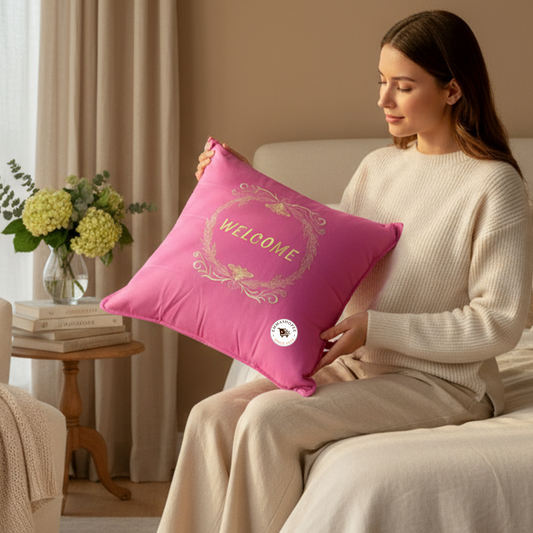"Bee Welcome" Embroidered Pink Pillow