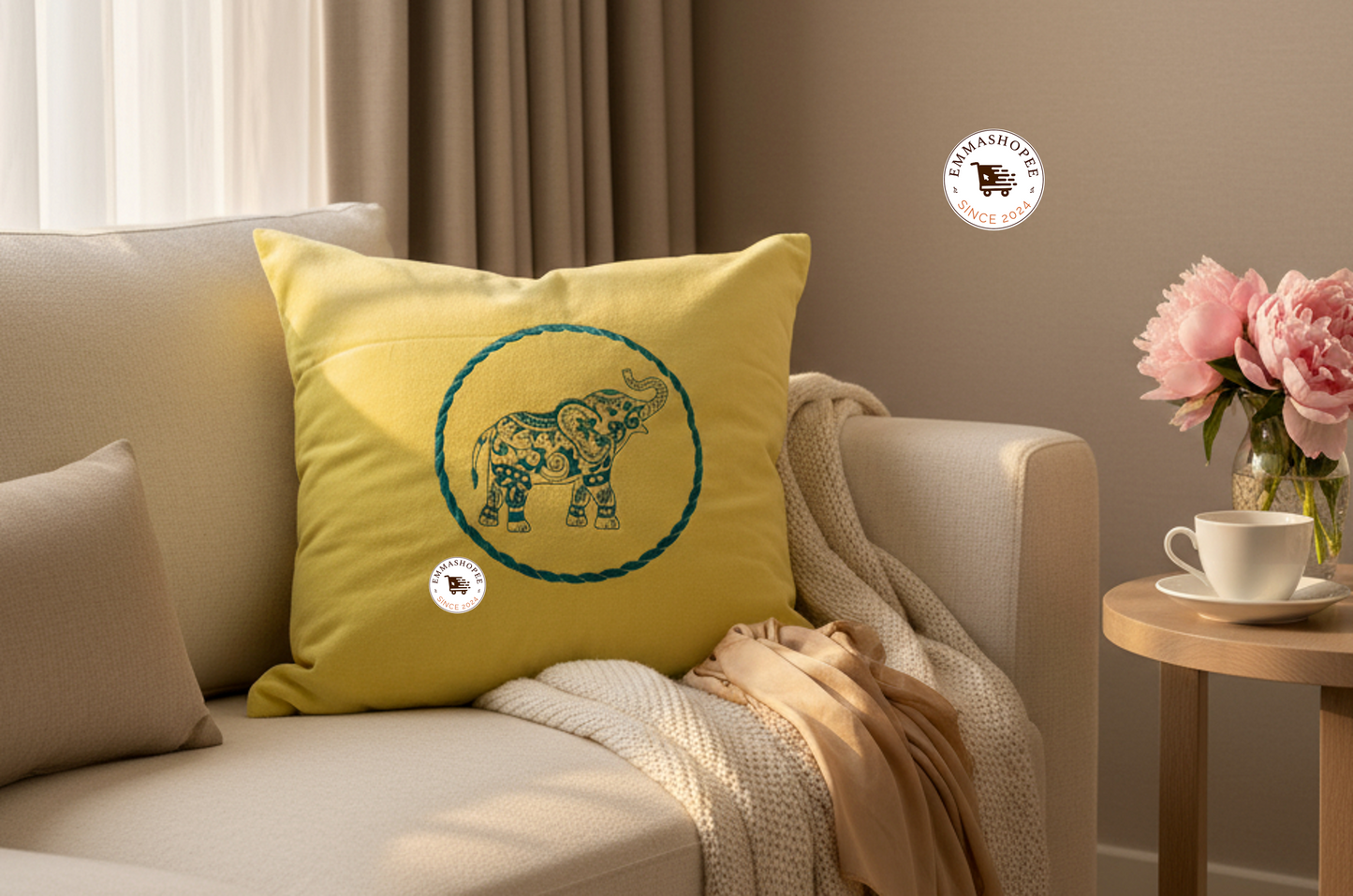 Embroidered Contemporary Blue Elephant on Yellow Velvet