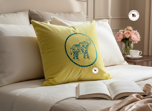 Embroidered Contemporary Blue Elephant on Yellow Velvet 100% Cotton