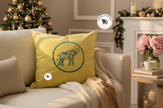 Embroidered Contemporary Blue Elephant on Yellow Velvet