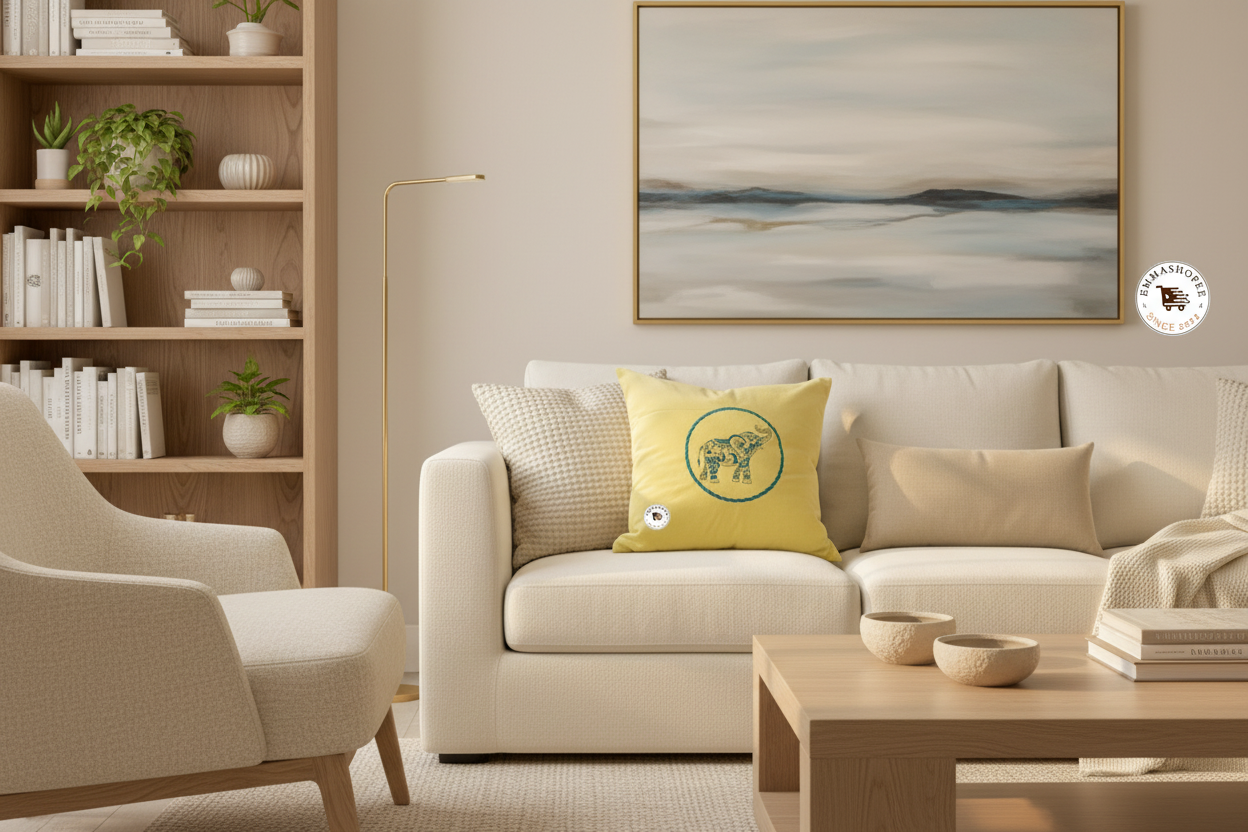 Embroidered Contemporary Blue Elephant on Yellow Velvet